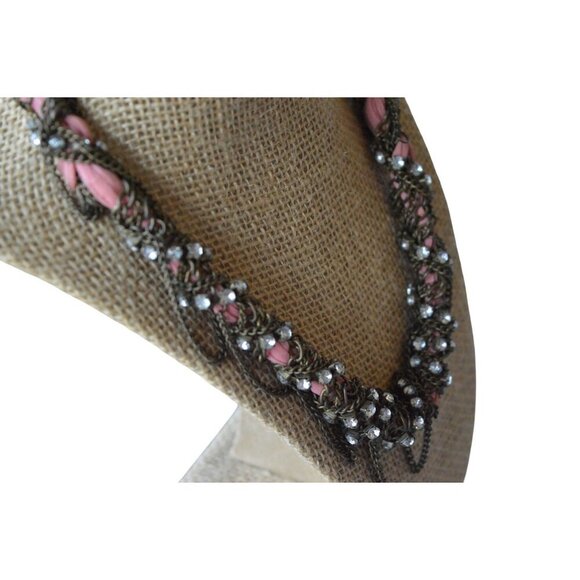 Vintage Statement Necklace With Pink Beads & Rhinestones Chain Design For Women - Picture 5 of 7